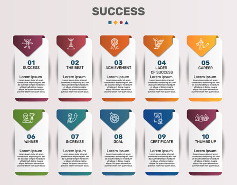 Infographic Success template. Icons in different colors. Include Success, The Best, Achievement, Lader Of Success and others.