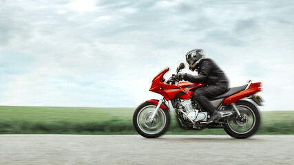 Riding a sports bike at high speed on an empty road, in a circular field, in the sky and on the road