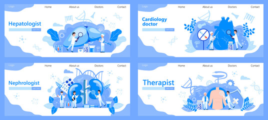 Cardiology doctor, therapist, liver and kidney treatment concept vector. Pyelonephritis and kidney stones diseases are shown. Hepatitis A, B, C, cirrhosis illustration, world hepatitis day.