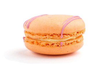 Single orange macaron or macaroon cake isolated on white background,  side view.
