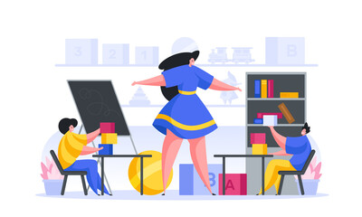 Cartoon female teacher working with children in kindergarten