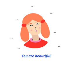 Vector illustration of a girl on a light background with an inspirational quote.