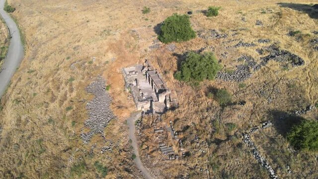 Ruins of the Dir Aziz Synagogue, built in the Byzantine period, at the beginning of the sixth century AD. It is located on the Golan Heights in Israel.