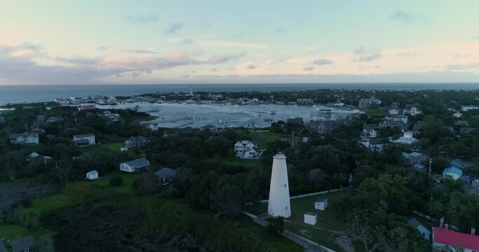 Historic Ocracoke Island Lighthouse During Sunset, Aerial Drone Footage.