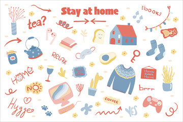 Large set of vector stickers stay home. A lot of elements on a light background