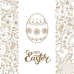 Frame of hand drawn easter eggs and flowers on white background. Greeting card or invitation template