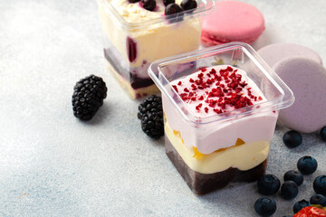 Mousse dessert with berry topping on grey surface