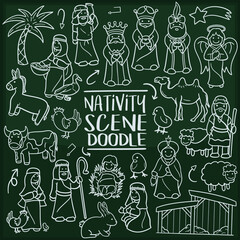 Nativity Scene Christmas  Traditional Doodle Icons Sketch Hand Made Design Vector.