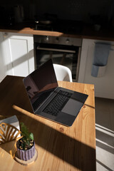 Workplace at wooden table at home in the space of kitchen. A laptop computer for work nearby is a houseplant. The sun's rays break through the window of the room.