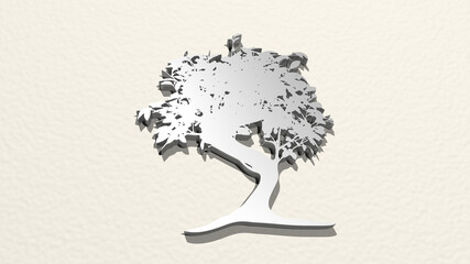tree made by 3D illustration of a shiny metallic sculpture on a wall with light background. christmas and beautiful