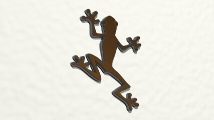 FROG CLIMBING made by 3D illustration of a shiny metallic sculpture on a wall with light background. animal and amphibian
