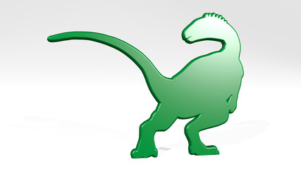 dinosaur stand with shadow. 3D illustration of metallic sculpture over a white background with mild texture. animal and cartoon