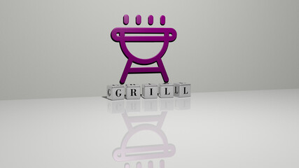 3D representation of GRILL with icon on the wall and text arranged by metallic cubic letters on a mirror floor for concept meaning and slideshow presentation. barbecue and background
