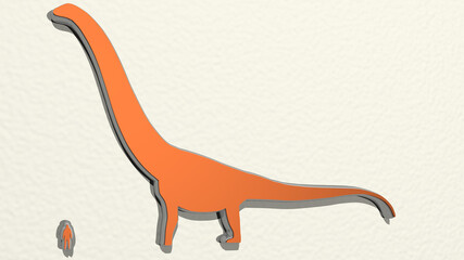 Obraz premium dinosaur vs man made by 3D illustration of a shiny metallic sculpture on a wall with light background. animal and cartoon