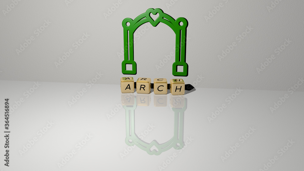 Poster 3d graphical image of arch vertically along with text built by metallic cubic letters from the top p