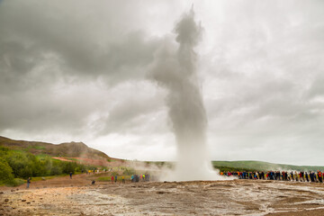 Geothermal area in the Haukadalur Valley, Strokkur Geyser, Iceland.