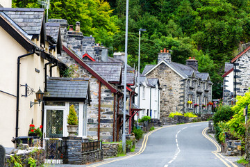 BETWS-Y-COED - WALES - AUGUST 30, 2017: Old stone houses by in old peaceful village  in Snowdonia National Park, England, United Kingdom