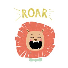 Cute cartoon lion with roar quote. Vector illustration for print or baby shower invitations.