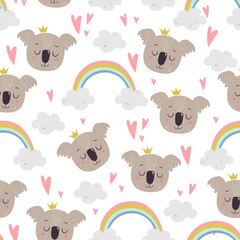 Seamless vector pattern with cute cartoon koala and rainbow. Illustration for fashion fabrics, textile graphics, prints.