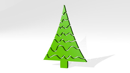 tree made by 3D illustration of a shiny metallic sculpture on a wall with light background. christmas and beautiful