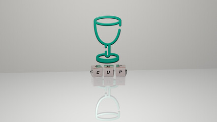 3D graphical image of CUP vertically along with text built by metallic cubic letters from the top perspective, excellent for the concept presentation and slideshows. coffee and background