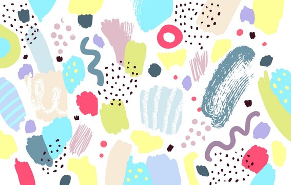 Brush, marker, pencil stroke pattern. Abstract background. Vector artwork. Memphis trendy print. Children, kids sketch, hand drawing. Pink, purple, beige, yellow, red, green, black, blue, white colors