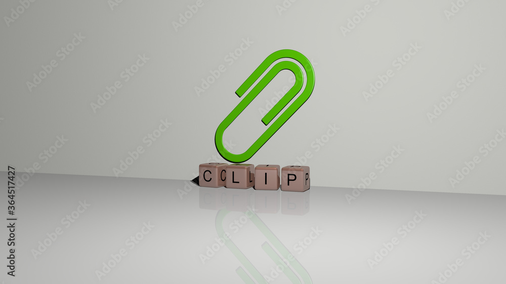 Poster 3d graphical image of clip vertically along with text built by metallic cubic letters from the top p