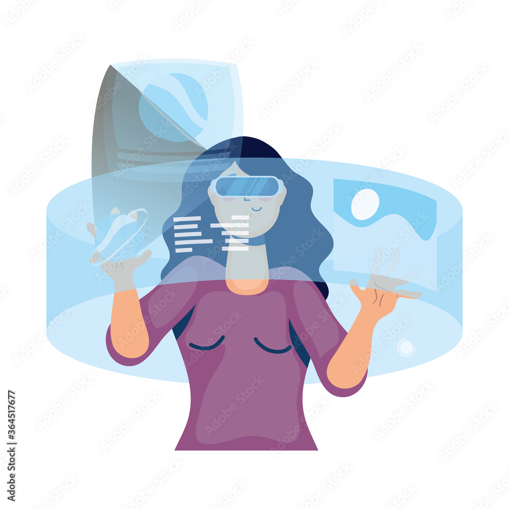 Poster woman using reality virtual tech in interactive display