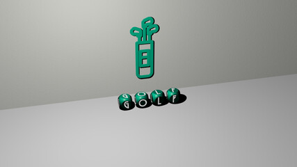 3D illustration of GOLF graphics and text made by metallic dice letters for the related meanings of the concept and presentations. ball and club
