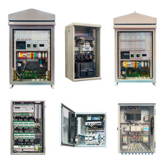 group of electrical cabinets of various designs and purposes isolated on a white background