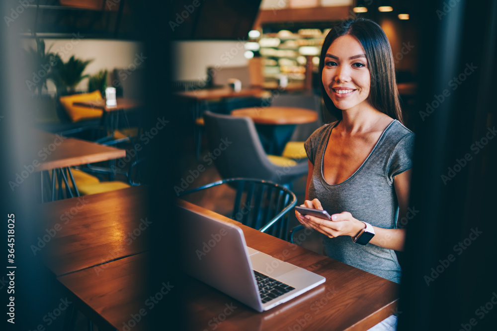 Poster portrait of smiling female freelancer using laptop computer for searching information about remote w