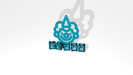 3D representation of CLOWN with icon on the wall and text arranged by metallic cubic letters on a mirror floor for concept meaning and slideshow presentation. illustration and cartoon