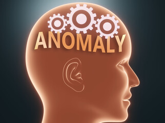 Anomaly inside human mind - pictured as word Anomaly inside a head with cogwheels to symbolize that Anomaly is what people may think about and that it affects their behavior, 3d illustration