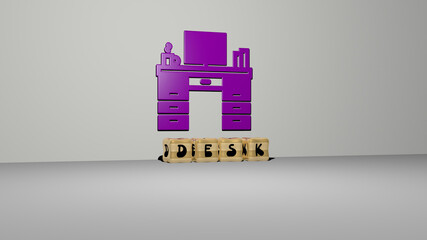 3D illustration of DESK graphics and text made by metallic dice letters for the related meanings of the concept and presentations. business and background