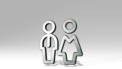 TOILET SIGN made by 3D illustration of a shiny metallic sculpture casting shadow on light background. bathroom and white