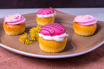 Several colorfully decorated cupcakes on a plate with daisies