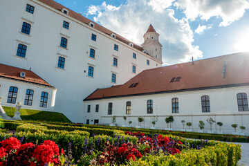 not ordinary view of Bratislava castle from behind back yard part of castle garden