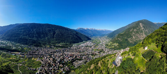aerial panorama of tirano city in summer 2020 / italy europe - obrazy, fototapety, plakaty