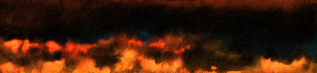 Burning flame landscape. Watercolor painting. Burning night field and black sky.