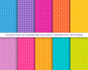 Collection of bright vector colorful seamless geometric wavy patterns - creative design. Vibrant curly backgrounds, endless curve textures