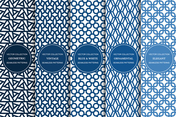 Set of blue geometric simple seamless patterns - bright symmetric grid textures. Vector repeatable minimalistic backgrounds