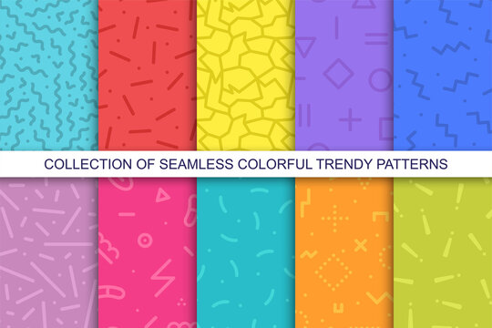 Collection of bright colorful seamless patterns - memphis design. Trendy vibrant vector backgrounds. Fashion retro style 80-90s