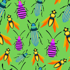 Bug colorful seamless pattern. Insect summer background