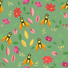 Fly colorful seamless pattern. Floral summer background
