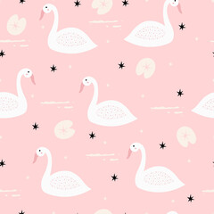 Swan seamless pattern Cute cartoon animals on the pink background