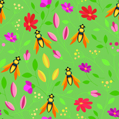 Fly colorful seamless pattern. Floral summer background
