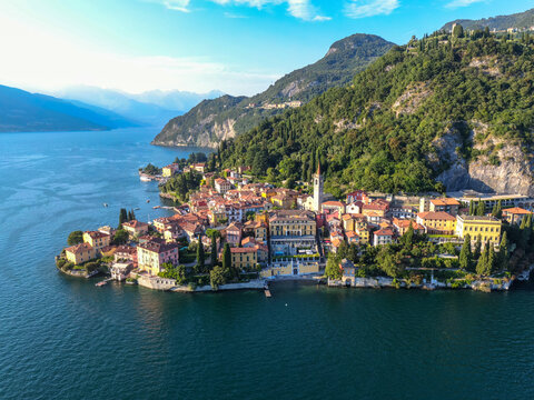 aerial panorama of  varenna village at lake como during summer in sunset  