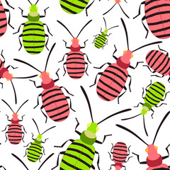 Bug colorful seamless pattern on white. Insect summer background
