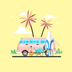 Summer vacation surf bus sunset tropical beach. travel and people concept in minivan car on beach.template poster flat vector illustration