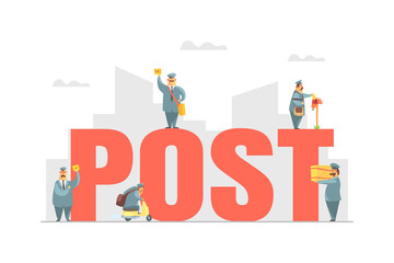 Post Big Word with Postmen in Uniform Delivering Parcels and Letters, Express Delivery Service Vector Illustration